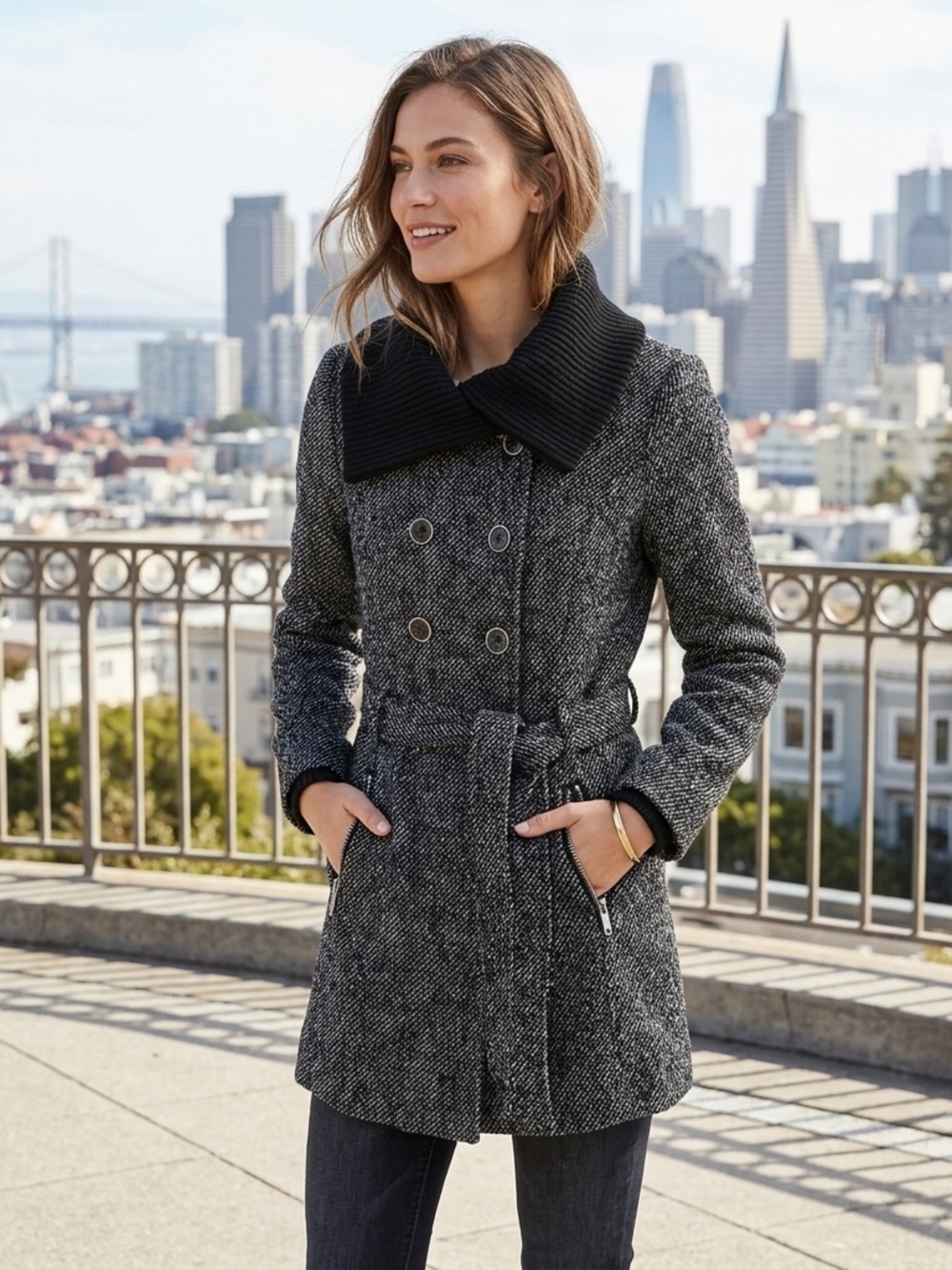 GUESS Black and Gray Double-Breasted Belted Pea Coat